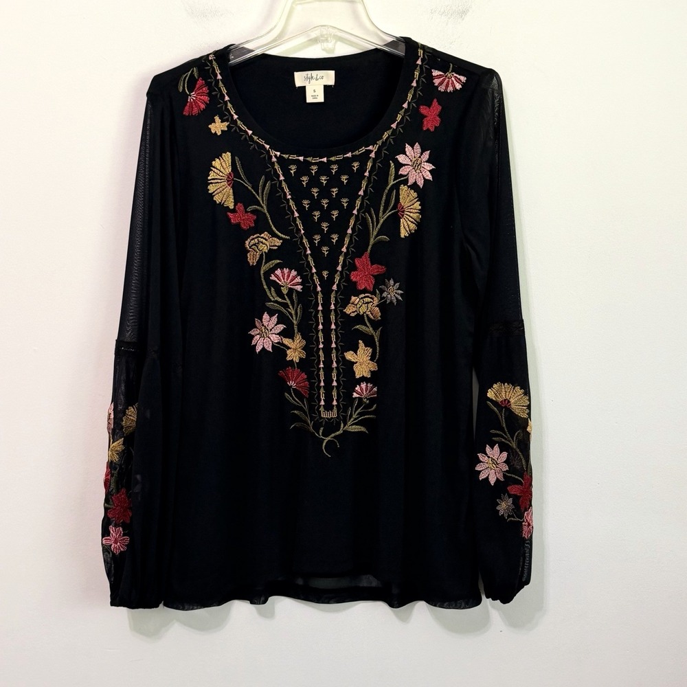 Style & Co Embroidered Top S Popover Black Boho Black Party Floral Popover Shirt